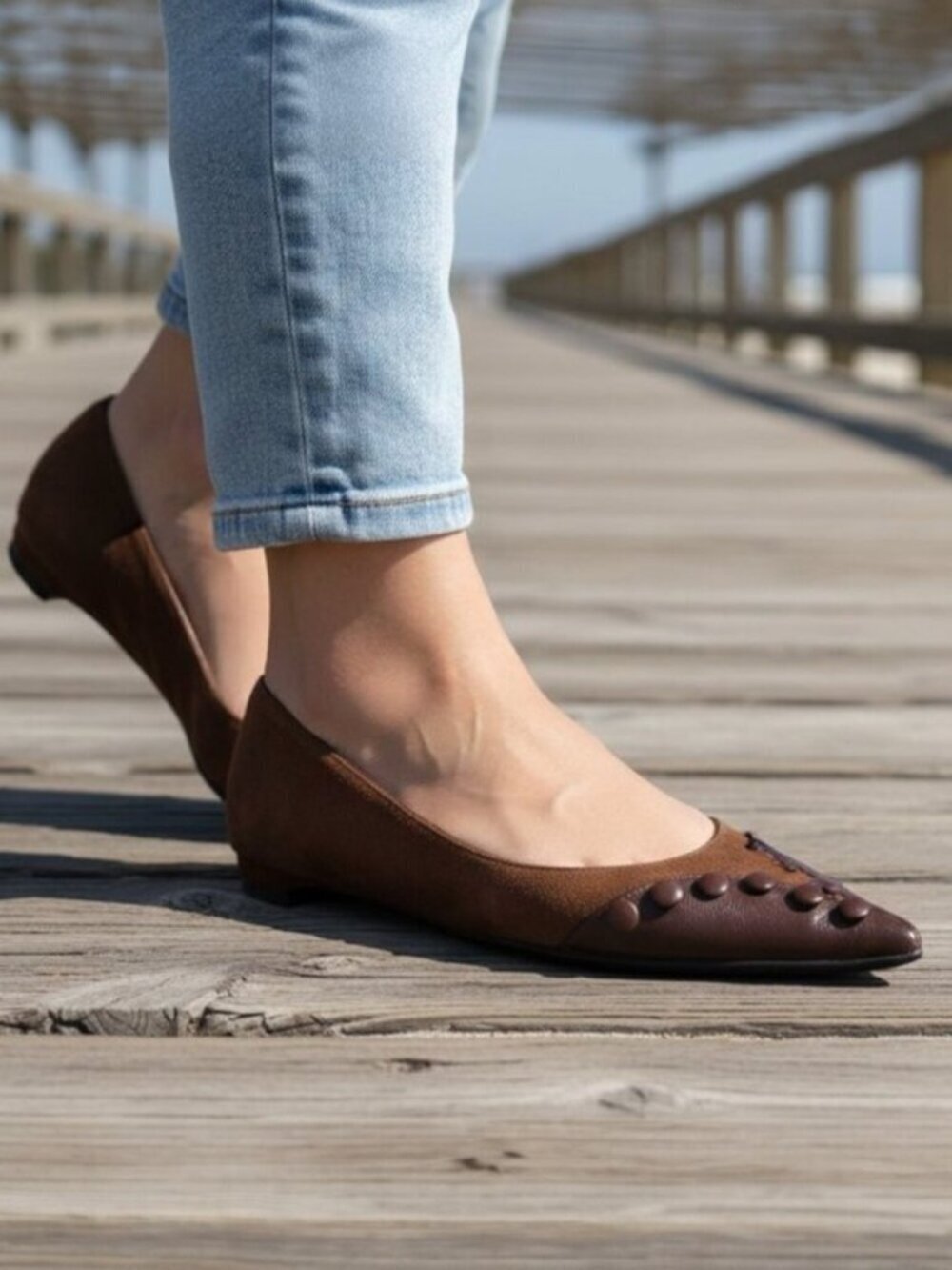 Christian Louboutin  Brown Suede Leather Overlay Pointed-Toe Flats Button Detail